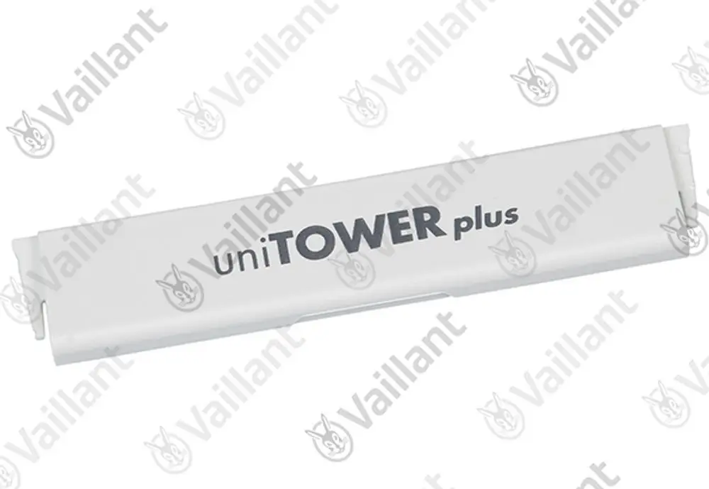 Vaillant Firmenschild in Weiß mit dem Schriftzug "uniTOWER plus", präsentiert auf einem neutralen Hintergrund.